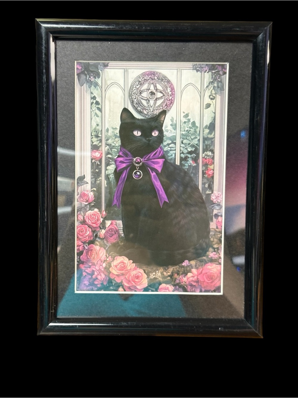 Black Cat & Roses Framed Art Print – 5x7 | Witchy Victorian Décor